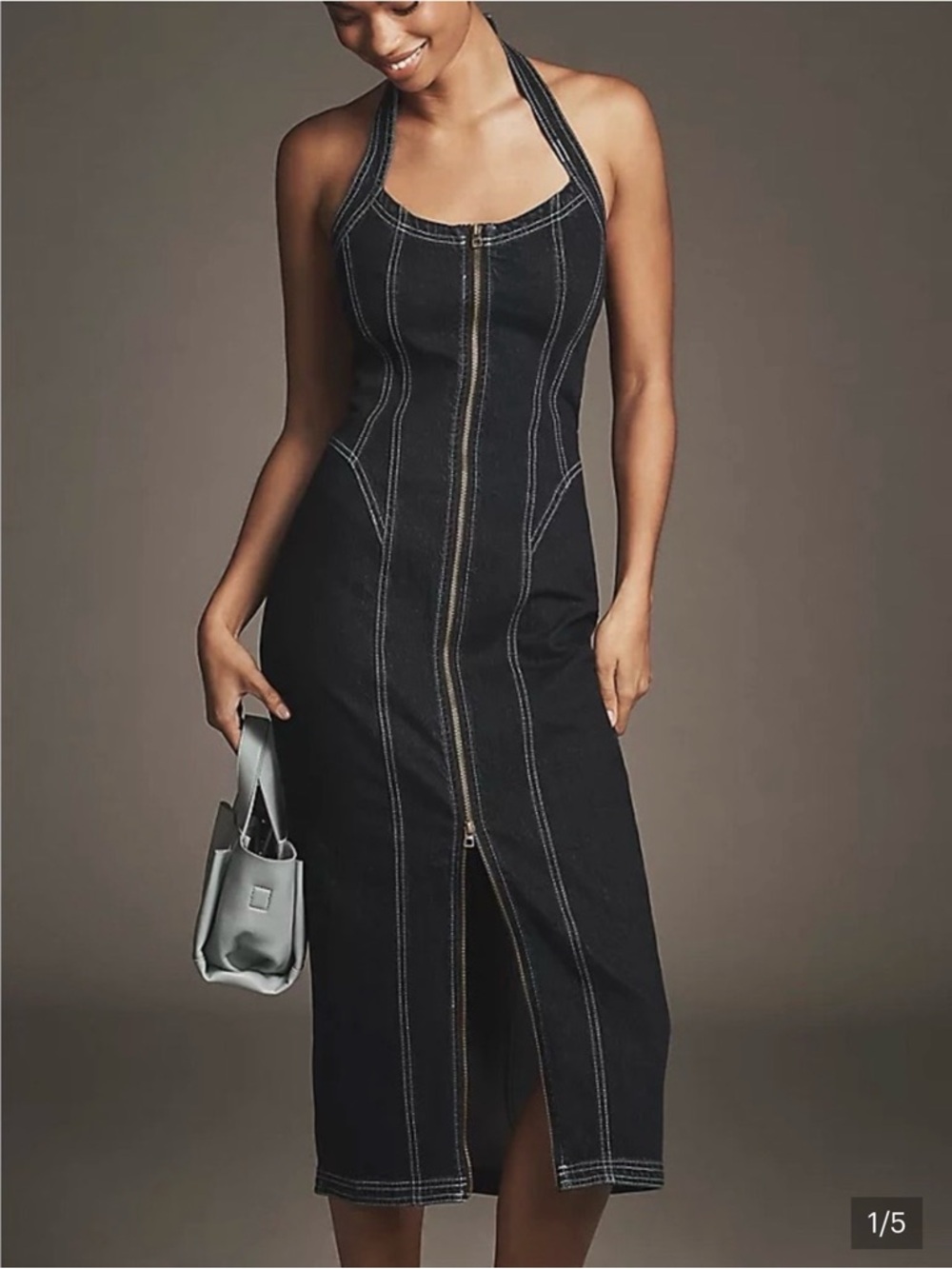 Anthropology Pilcro Dark Denim Halter Midi Dress with Front Zip